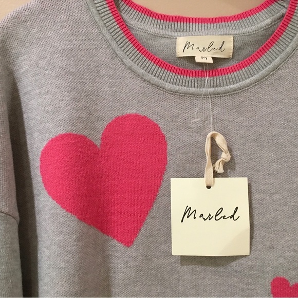Marled Heart Valentines Sweater Pullover  Stretch Grey Pink Size M new - Picture 2 of 6